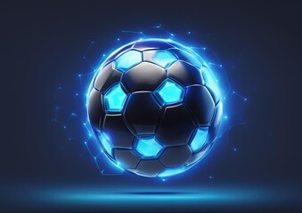 Futuristic Soccer Ball with Blue Glowing Neon Lights on Transparent Background.