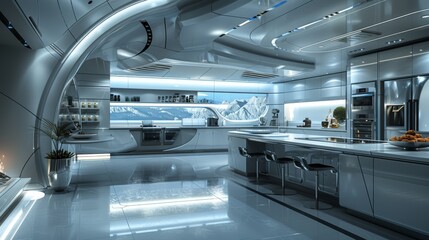 Obraz premium Virtual reality simulation of a futuristic kitchen design, with high-tech appliances and sleek finishes Generative AI