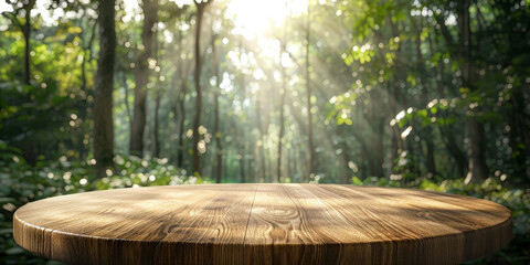 Round wooden platform in a sunlit forest, with rays of light filtering through the trees, creating a serene and natural setting perfect for presentations or product displays.
