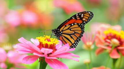 Naklejka premium Vibrant Monarch Butterfly Sipping Nectar from Pink Flower in Colorful Garden Close-Up, Macro Photography