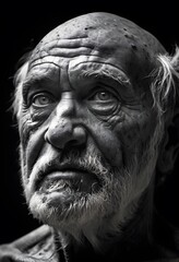 an aged man with gray hair and beard, black and white closeup portrait