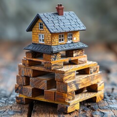 Miniature house on blocks, symbolizing the balance between home life and work in real estate. With a neatly arranged, gradient, realistic toy concept