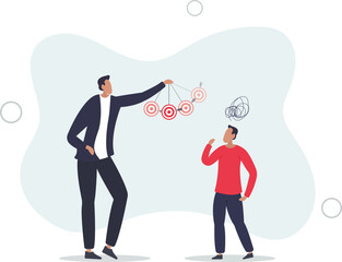 businessman boss using his watch to make his employee under hypnosis.flat vector illustration.