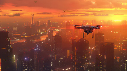 The drone hovers over the city during sunset, futuristic blend of technology and urban environments.  - Powered by Adobe