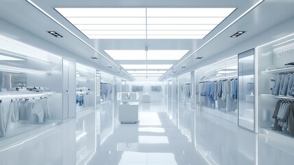 interior modern design of a clothing store in white predominant color and nice ambient light