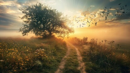 Fototapeta premium grass field wallpaper. landscape forest with fog wallpaper. landscape forest with mountains and fog. landscape mountains with fog wallpaper. forest with fog background. Fantasy landscape forest.