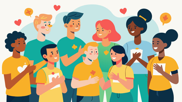 A group of volunteers many of them survivors or affected by the cause give emotional speeches and heartfelt thanks to the runners reminding them of. Vector illustration