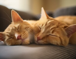 Fototapeta premium 2 yellow cats laying on the couch sleeping sweetly with their eyes closed