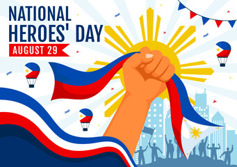 Philippines Heroes Day Vector Illustration on August 29 with Waving Flag and Ribbon in a National Holiday Celebration, Flat Cartoon Style Background