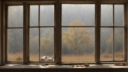 Naklejka premium Paint the changing scenes witnessed through a weathered windowpane ai_generated