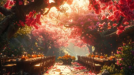 Family members enjoying a festive brunch outdoors during a spring holiday, surrounded by blooming flowers