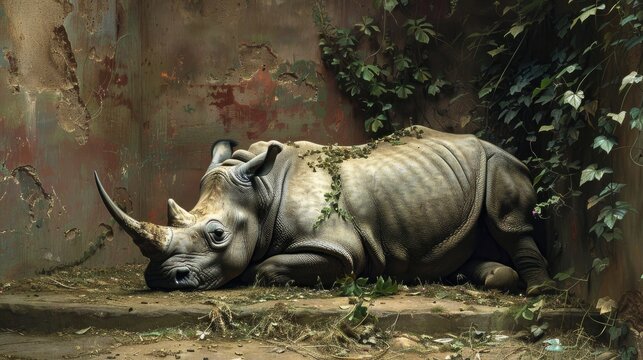 Slumbering rhinoceros in the enclosure s corner