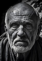 Fototapeta premium old wrinkled man with wrinkles looking straight into the camera
