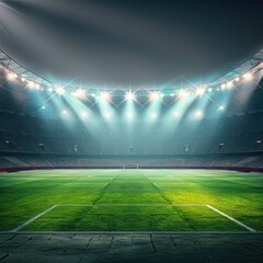 Realistic stadium with floodlights shining on the green grass in the middle of the football field, the bench background is blurry and dark, cinematic dramatic effect of smoke haze