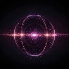 Obraz premium Abstract neon energy sphere of particles and waves of magical glowing on a dark background, circle and loop frames with magic purple and pink flame and sparks isolated on transparent, generative ai