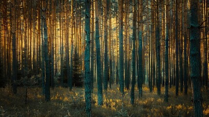 Fototapeta premium Realistic photography of coniferous forest. Abstract background of a northern forest