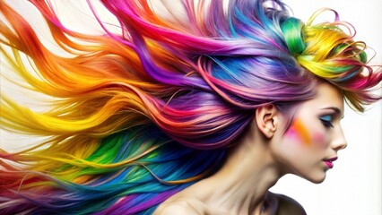 Naklejka premium Hair Color Explosion: Close-up of hair with dynamic color splashes adding a vibrant look, isolated on a white background.