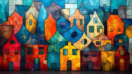Whimsical Cubism: Cubic Art of Colorful Whimsical Houses, Capturing Playful Design and Vibrant Urban Fantasy