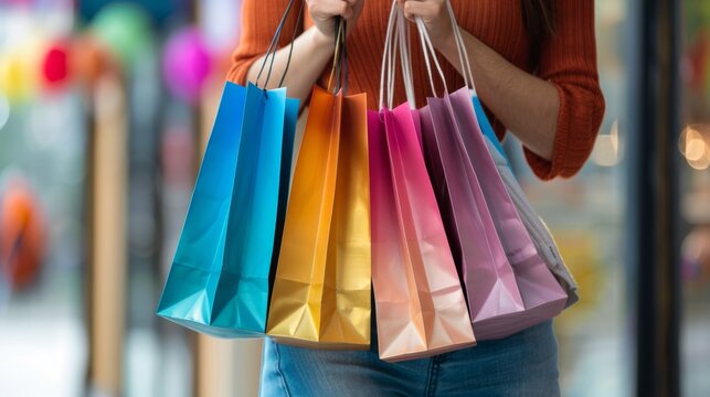 Offline shopping, colorful shopping bags, happy life, early consumption, maxing out credit cards，Colorful shopping bags, pre-consumption lifestyle, credit card transaction, 4K high resolution AI gener