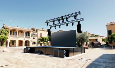 concert big stage in a village plaza on a  sunny day, realist background