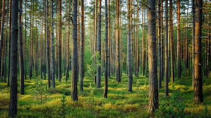 Fototapeta premium Realistic photography of coniferous forest. Abstract background of a northern forest