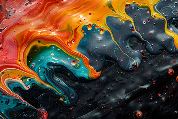 Colorful Background with abstract liquid paint textures in bold colors with flowing and dripping patterns creating a dynamic and energetic look reminiscent of action painting.
