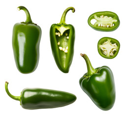 jalapeno peppers isolated on white background. Green chili pepper with clipping path and full depth of field. Set or collection