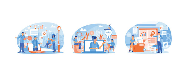 Online help service. Female operator talking to a client. 24-7 online technical support. Online assistant concept. Set flat vector illustration.