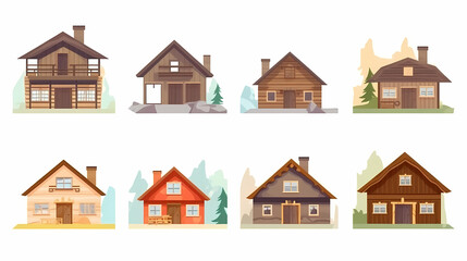 Cabins, wooden houses in forest, mountain village or camp. Small log cottages, huts with chimney, porch and stairs isolated on white background