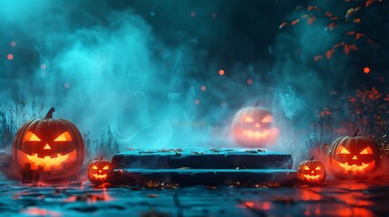 Spooky Halloween scene with jack-o'-lanterns and blue fog.