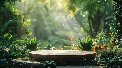 Wooden podium in a lush green forest with sunlight filtering through the leaves.