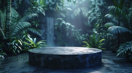 Serene jungle scene featuring a round, elevated platform surrounded by lush, green foliage and gentle waterfall in the background.