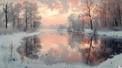 gentle snowfall with flakes reflecting soft liquid hues