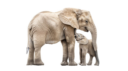 Fototapeta premium The African elephant mother and her baby cuddle together. Isolated on transparent background. Family, Motherhood, childhood, parent child relationship, wildlife protection concept
