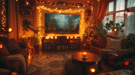 Festive Family Fun: Holiday Karaoke Night in Cozy Living Room with Lights and Garlands