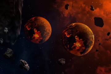 wallpaper with two planets in a colorful space and fire all over the sky