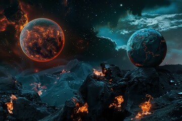 wallpaper with two planets in a colorful space and fire all over the sky
