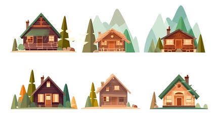 Cabins, wooden houses in forest, mountain village or camp. Small log cottages, huts with chimney, porch and stairs isolated on white background