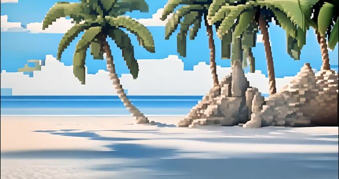 Coastal landscape with coconut trees on the white sand of a tropical beach on pixel art style. digital video art.