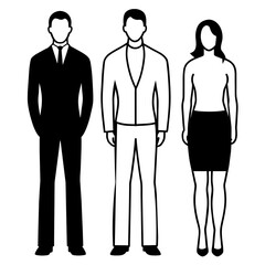Vector silhouettes of men and a women, a group of standing and walking business people, black color isolated on white background.