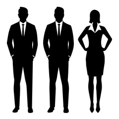 Vector silhouettes of men and a women, a group of standing and walking business people, black color isolated on white background.
