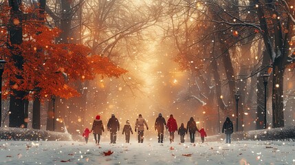 Grandparents, parents, and kids are taking a holiday walk in a snow-covered park. The mood is peaceful and joyful