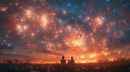 Patriotic Family Watching Fourth of July Fireworks Display in Awe on Grassy Hill under Clear Night Sky