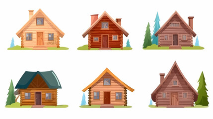 Fototapeta premium Cabins, wooden houses in forest, mountain village or camp. Small log cottages, huts with chimney, porch and stairs isolated on white background