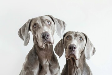 Two elegant weimaraners posing in front of a white background for a professional photoshoot