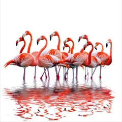 A colorful flock of flamingos wading through shallow waters in search of food isolated on white background  