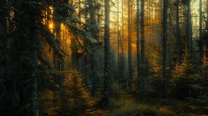 Fototapeta premium Realistic photography of coniferous forest. Abstract background of a northern forest