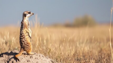 A curious meerkat standing on hind legs, scanning the horizon for danger  - Powered by Adobe