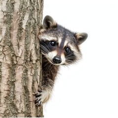 A curious raccoon peeking out from behind a tree trunk, its masked face twitching with curiosity isolated on white background  