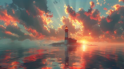 lighthouse guiding ships undersky of soft liquid hues